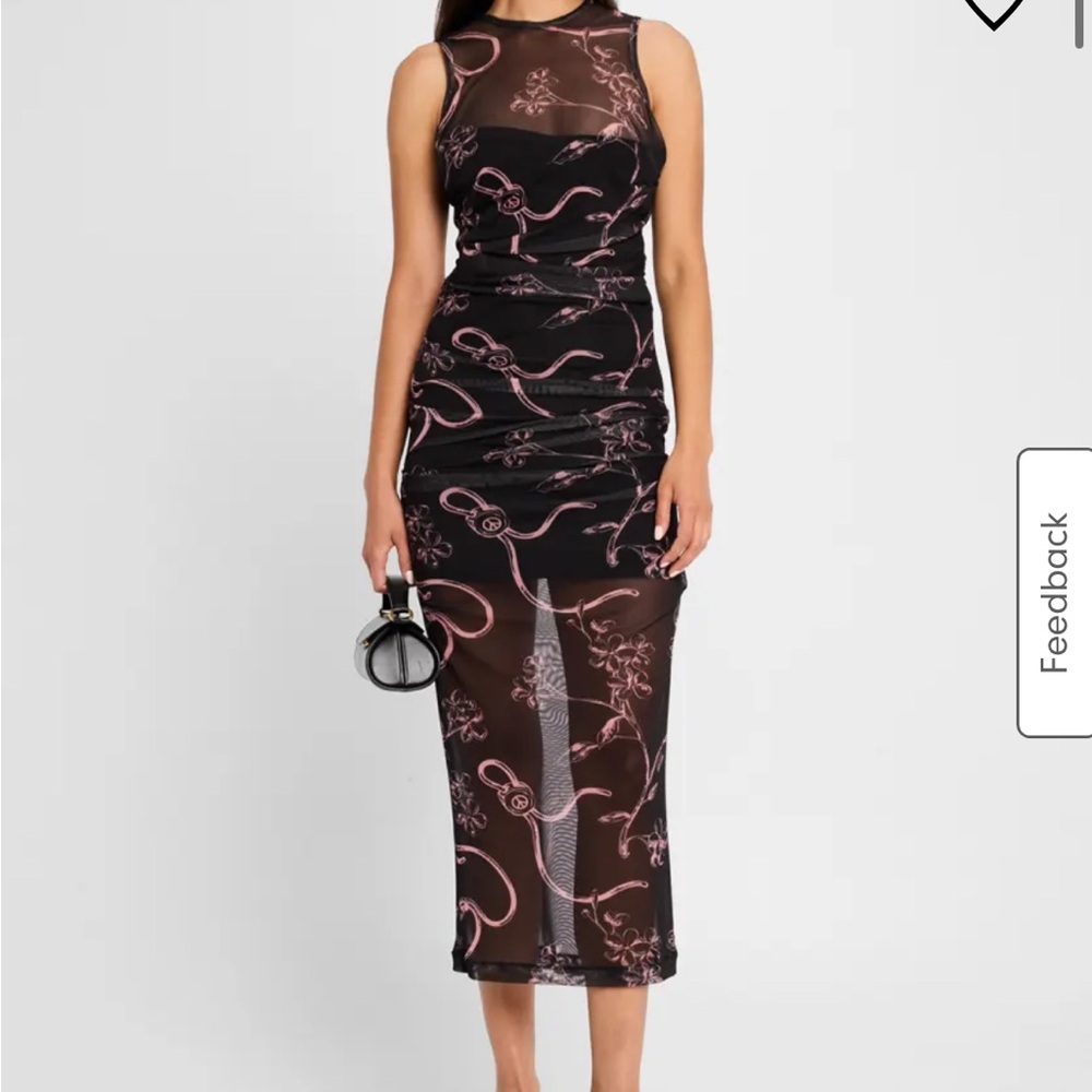 Moschino Black and Pink ruched floral tulle Midi Dress